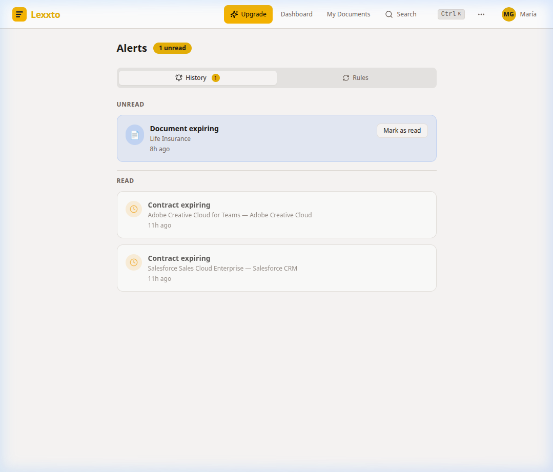 Painel de alertas Lexxto mostrando regras de notificação e renovações próximas