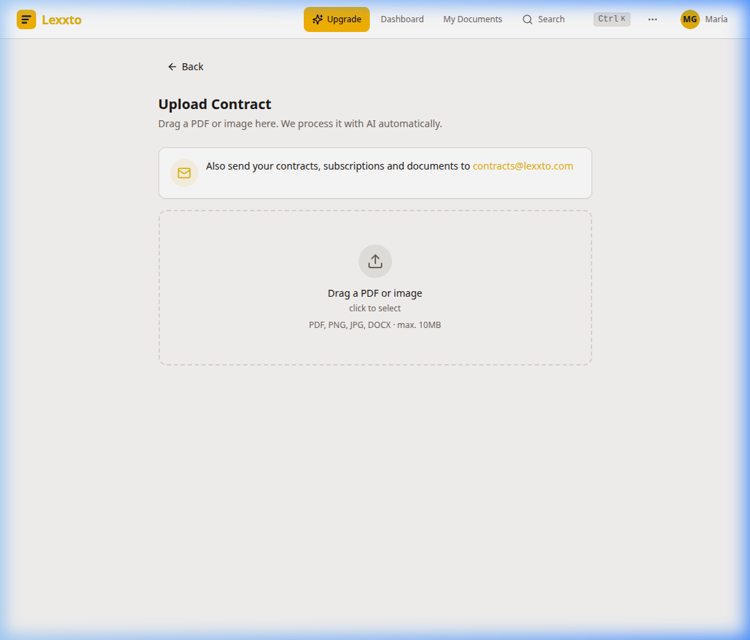 Interface de upload de contratos Lexxto com zona de arrastar e soltar